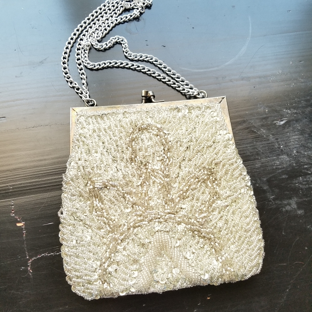 Vintage beaded handbag shoulder bag Top Handle Kiss Lock Cream Party Dressy